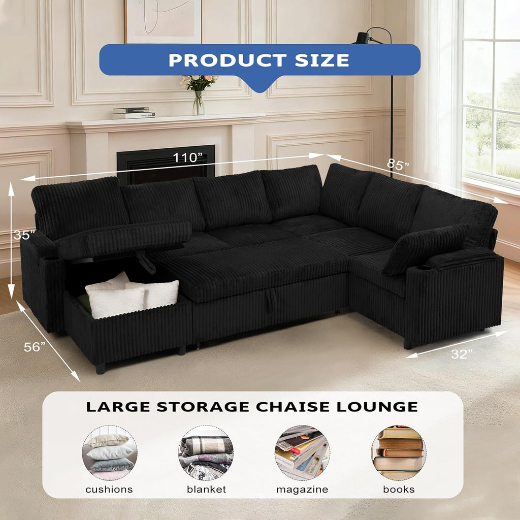 110” Corduroy Sectional Sofa w/Pull Out Bed & Storage Chaise, Reversible U Shaped Sofa w/Storage Armrests & Cup Holders, Corner Couch w/USB Charging Port & Throw Pillow for Living Room, Black