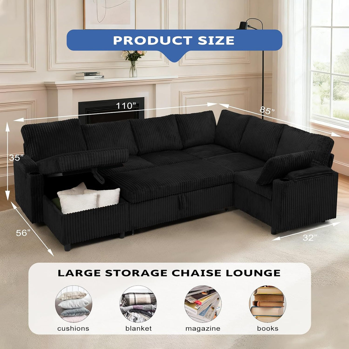 110” Corduroy Sectional Sofa w/Pull Out Bed & Storage Chaise, Reversible U Shaped Sofa w/Storage Armrests & Cup Holders, Corner Couch w/USB Charging Port & Throw Pillow for Living Room, Black
