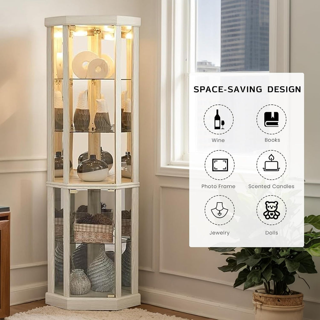 Corner Curio Cabinet, 70" H Lighted Glass Display Cage with Tempered Glass Doors and 5 Adjustable Shelves, Light Bulb Inclued, Wine Bar China Cabinet for Living Room (White)