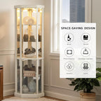 Corner Curio Cabinet, 70" H Lighted Glass Display Cage with Tempered Glass Doors and 5 Adjustable Shelves, Light Bulb Inclued, Wine Bar China Cabinet for Living Room (White)