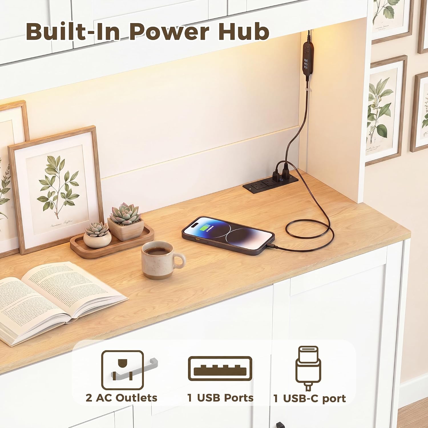 FUQARHY 71" Kitchen Pantry Storage Cabinet, Tall Kitchen Hutch with Charging Station, 55" Wide Large Food Pantry Storage Cabinet with LED Light, Drawers and Adjustable Shelf for Dining Room (White)