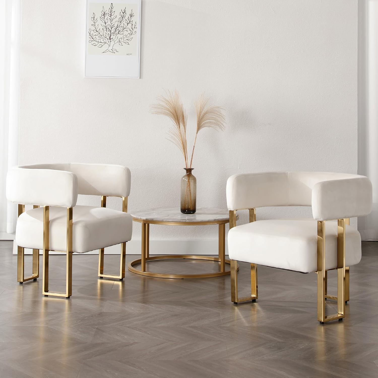 Modern Barrel Accent Chairs Set of 2, Living Room Side Chairs with Golden Metal Legs, Soft Velvet Reading Armchairs for Bedroom, Upholstered Club Chairs for Reception Room/Office, Ivory