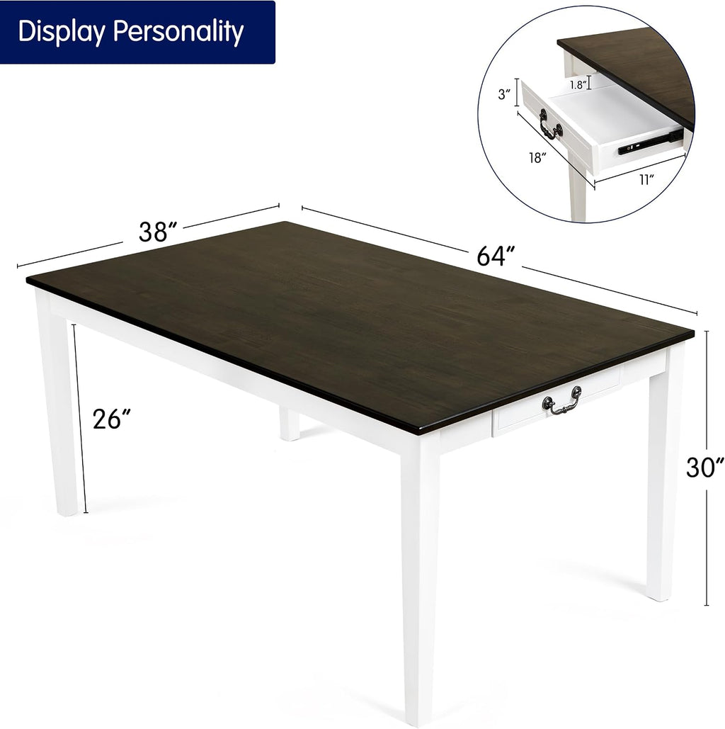 Hokway Dining Table for 4-6, 64 Inch Rectangular Solid Wood Kitchen Table, Modern Farmhouse Dinner Table for Dining Room, Kitchen, Living Room