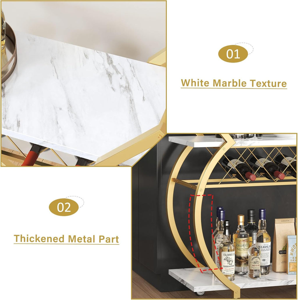 LVB Gold Bar Cart with Wheels, Modern White Marble Home Bar Serving Cart | Drink Cart with Wine Rack, Metal Wooden Beverage Cart, Rolling Kitchen Cart for Home Dining Room,Gold White Marble