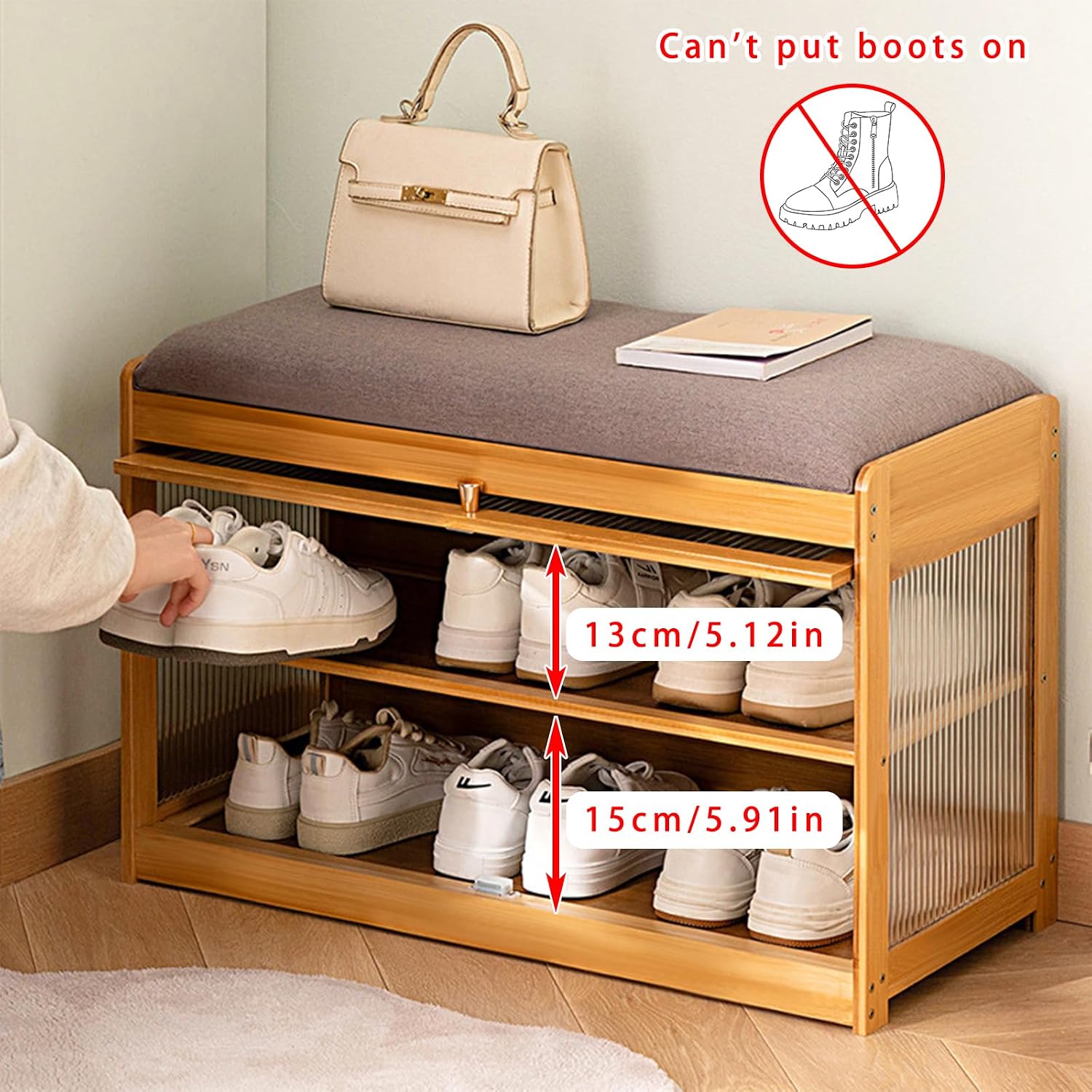 Bamboo Shoe Storage Bench with Seat Cushion for Entryway, 27" Farmhouse Small Shoe Rack with Hidden Flip-Top Storage & Dustproof Acrylic Door, 2-Tier Narrow Shoe Cabinet Organizer, Natural