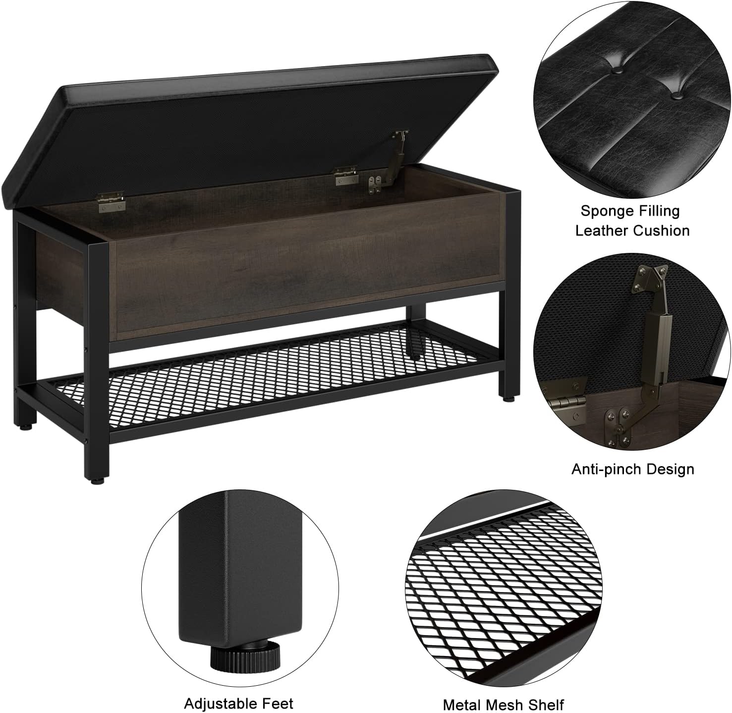HOSTACK 40" W Storage Bench, Entryway Shoe Bench with Cushion, Dark Brown | Wood Metal Bench with Flip-Open Hidden Storage, Ottoman Bench with Padded Seat & Shoe Rack for Hallway, Bedroom, Living Room