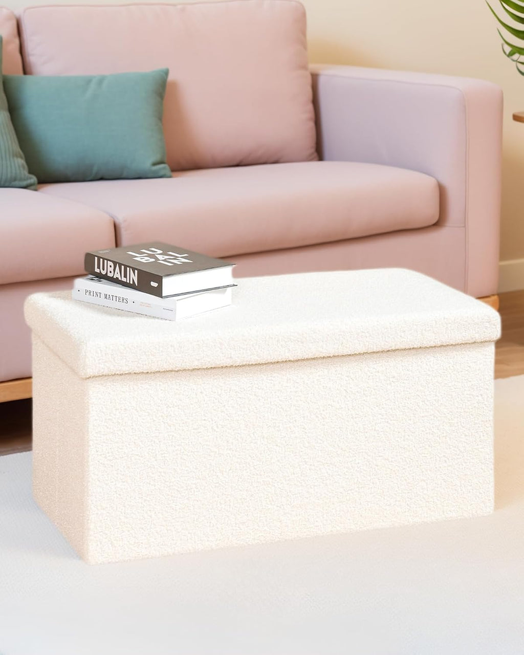 30 Inch Storage Ottoman Bench, Boucle Folding Ottoman Footstool, Rectangular Sherpa Footrest Storage Bench for Bedroom, Living Room, Entryway, Dorm, White