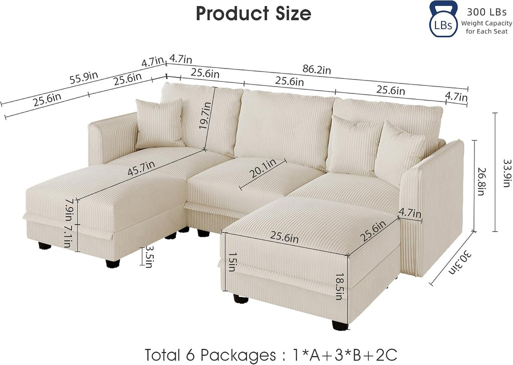 LLappuil Sectional Sofa Modular Cloud Couch with 5 Storage Seats & 3 Throw Pillows, Corduroy U Shaped Couches for Small Space, Rearrangable Apartment Sofas, Scratch Resistant, Beige