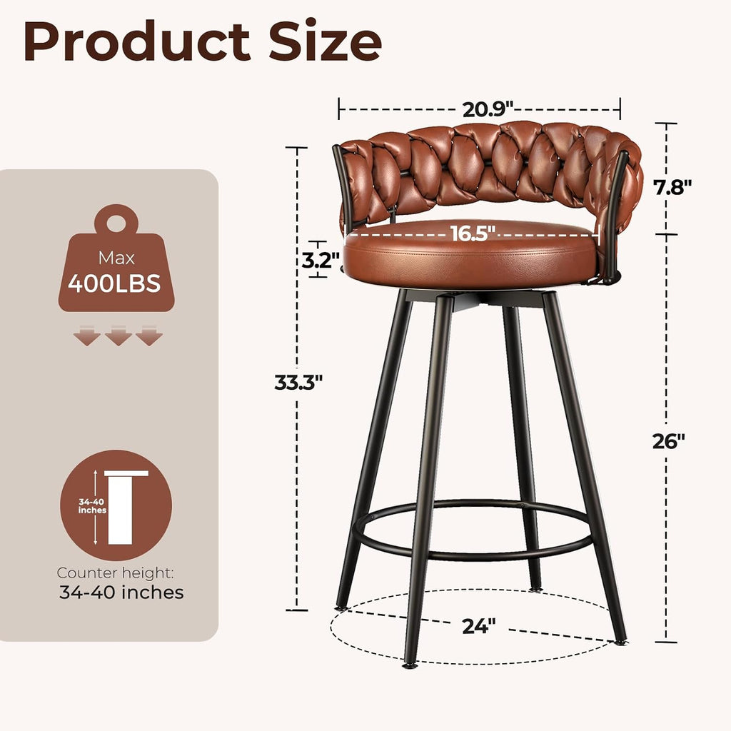 26" Counter Height Bar Stools Set of 3, Premium Faux Leather Barstools | Upholstered 360°Swivel Bar Chairs with Woven Backs Support & Heavy Duty Metal Legs for Kitchen Counter, Easy Assembly, Brown