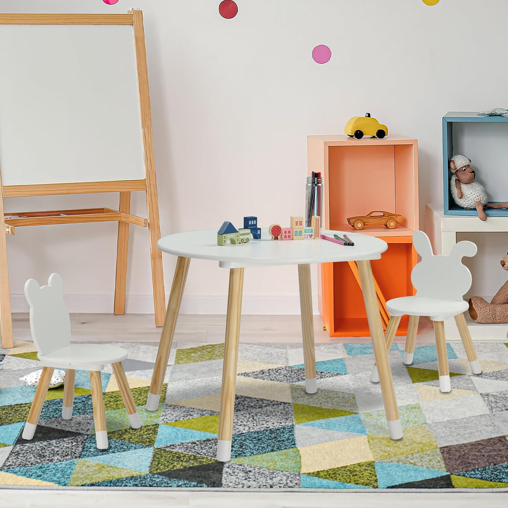 3 Pieces Multi-Activity Round Tables,Wood Table and Chairs Set,Study Dining Reading Table Set,Wooden Modern Activity Tables,with Bear & Bunny Seat Back,for Living Room, Bedroom, Playroom (White)