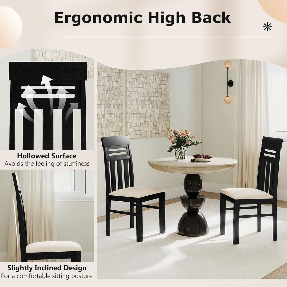 Giantex Wooden Dining Chairs Set of 2, High Back Black Dining Room Chairs with Padded Seat & Rubber Wood Frame, PU Leather Farmhouse Side Chairs for Kitchen Living Room