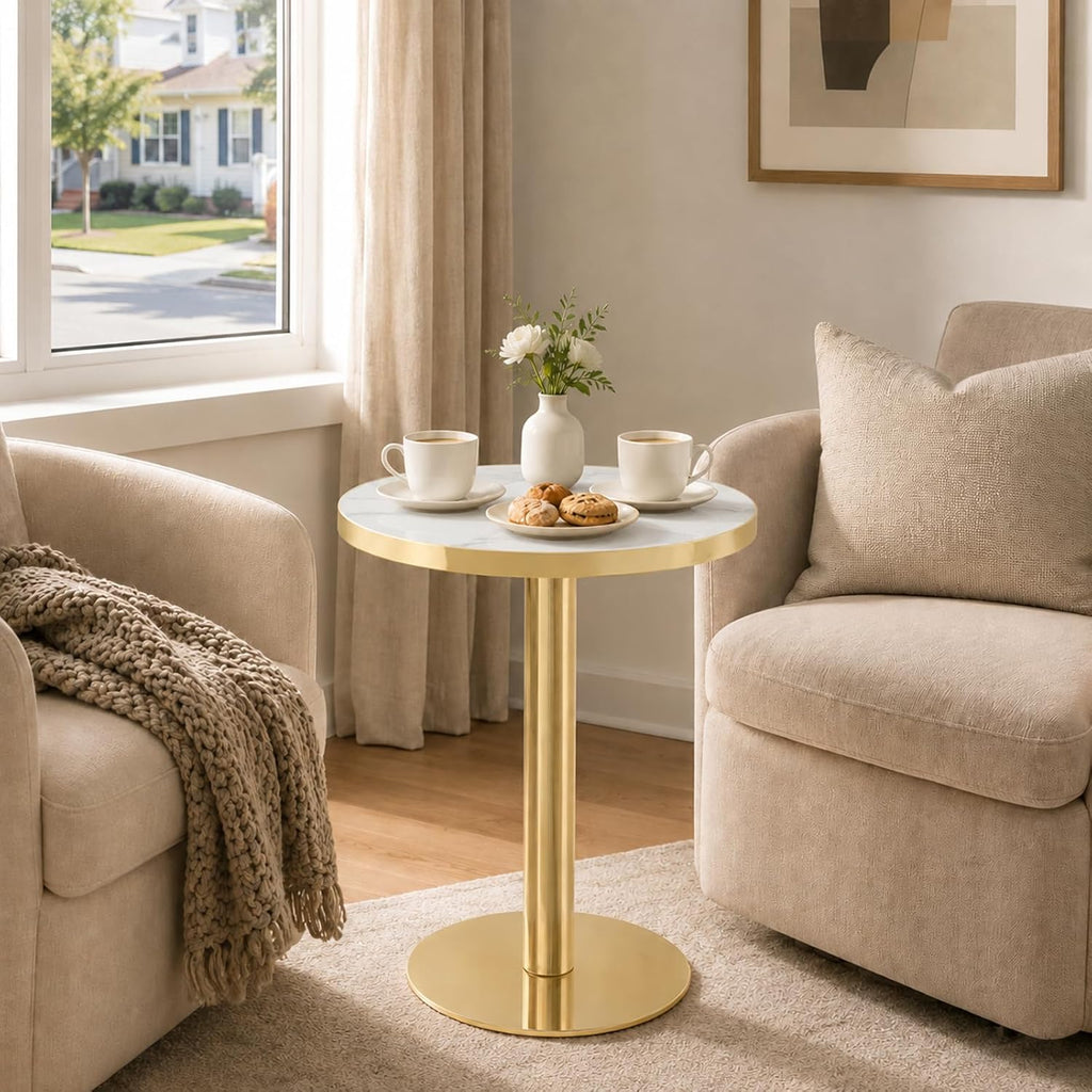 TesNus 23.6" Small Round Dining Table for 2, Circle Tulip Table, Faux Marble Top with Gold Metal Pedestal Base, Modern Leisure Coffee Table for Small Spaces, Cafe, Office, White&Gold
