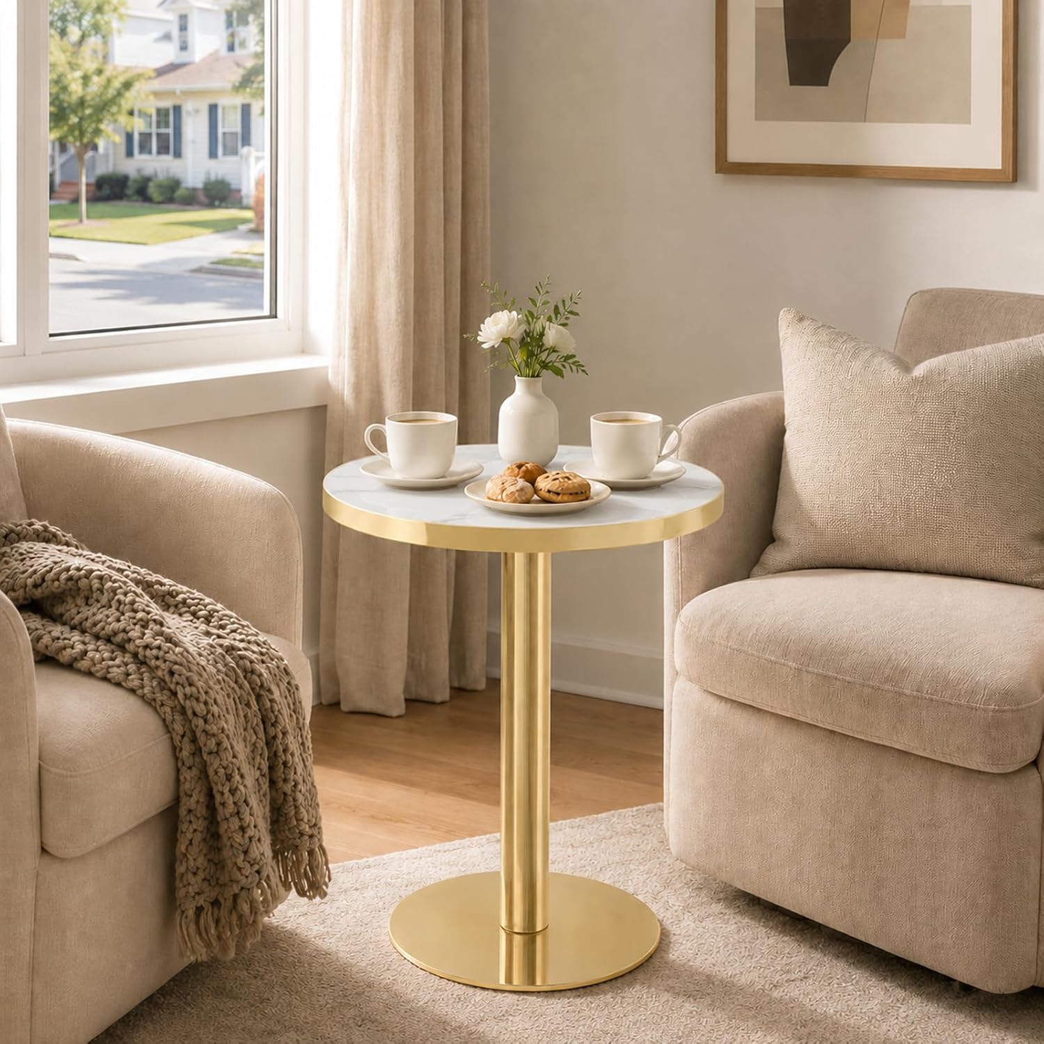 TesNus 23.6" Small Round Dining Table for 2, Circle Tulip Table, Faux Marble Top with Gold Metal Pedestal Base, Modern Leisure Coffee Table for Small Spaces, Cafe, Office, White&Gold