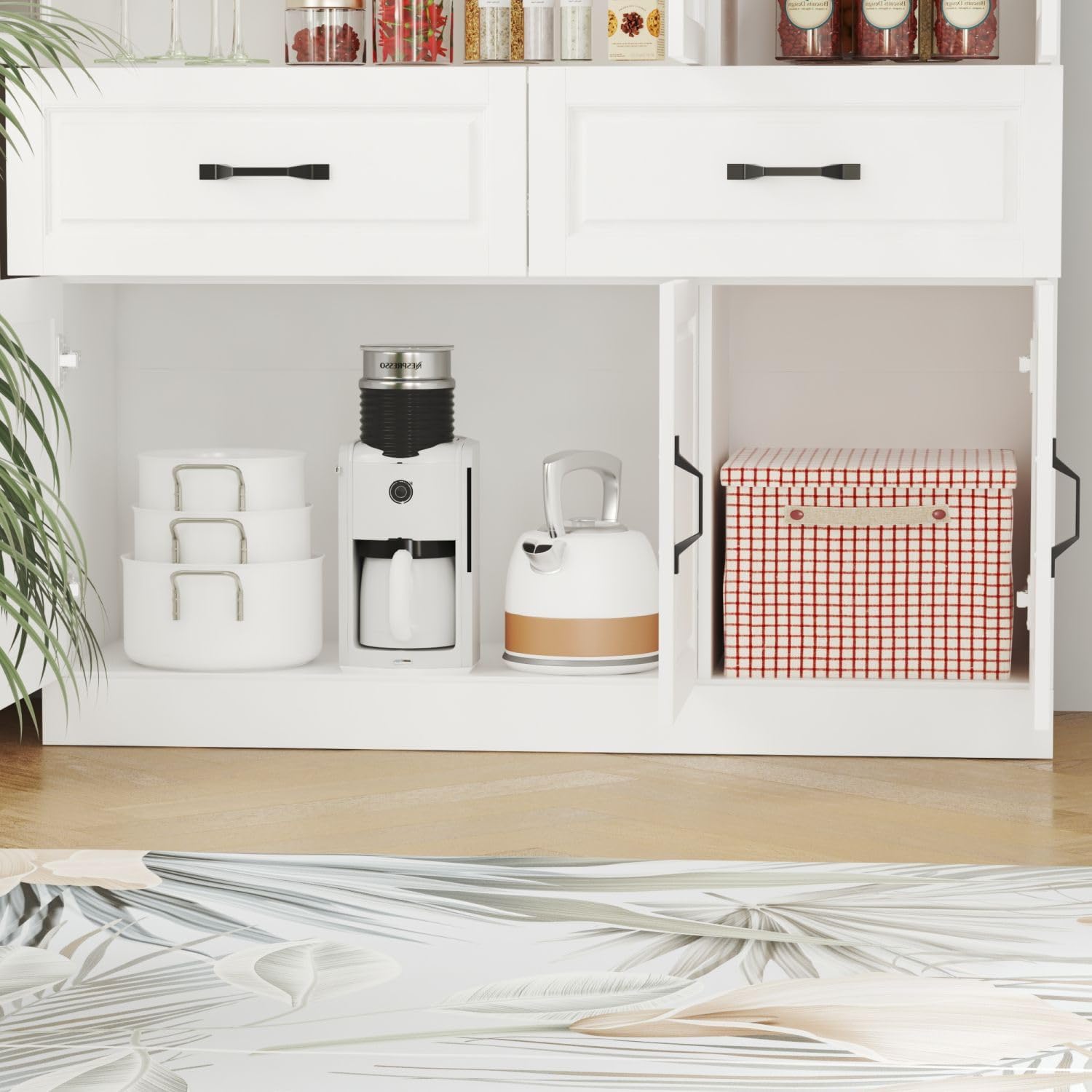 MOUMON Pantry Cabinet Kitchen Storage Cabinet with 3 Glass Doors, Kitchen Pantry with Shelves & 2 Drawers, White (47.2”W x 15.7”D x 78.7”H)