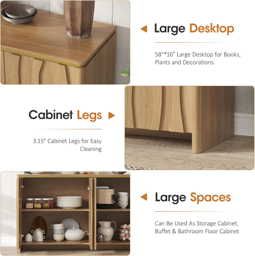 Vabches Fluted Buffet Cabinet with Storage, 3D Ripple Pattern Doors and Curved Edges, Modern Sideboard for Kitchen, Entryway, 4 Doors & Adjustable Shelf, Natural, 57.9" W