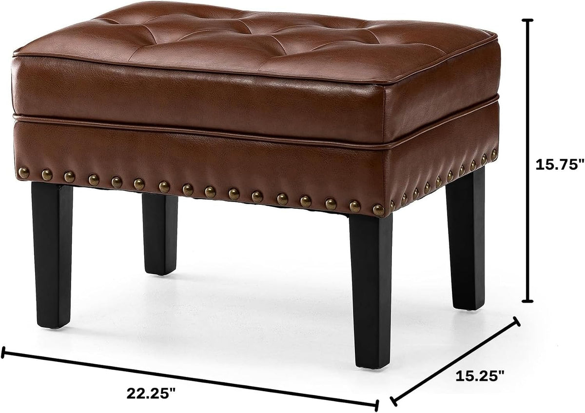 Glitzhome Faux Leather Foot Stool, Mid Century Modern Foot Stools Ottoman, Vintage Ottoman Tufted Square Vanity Seat, Coffee