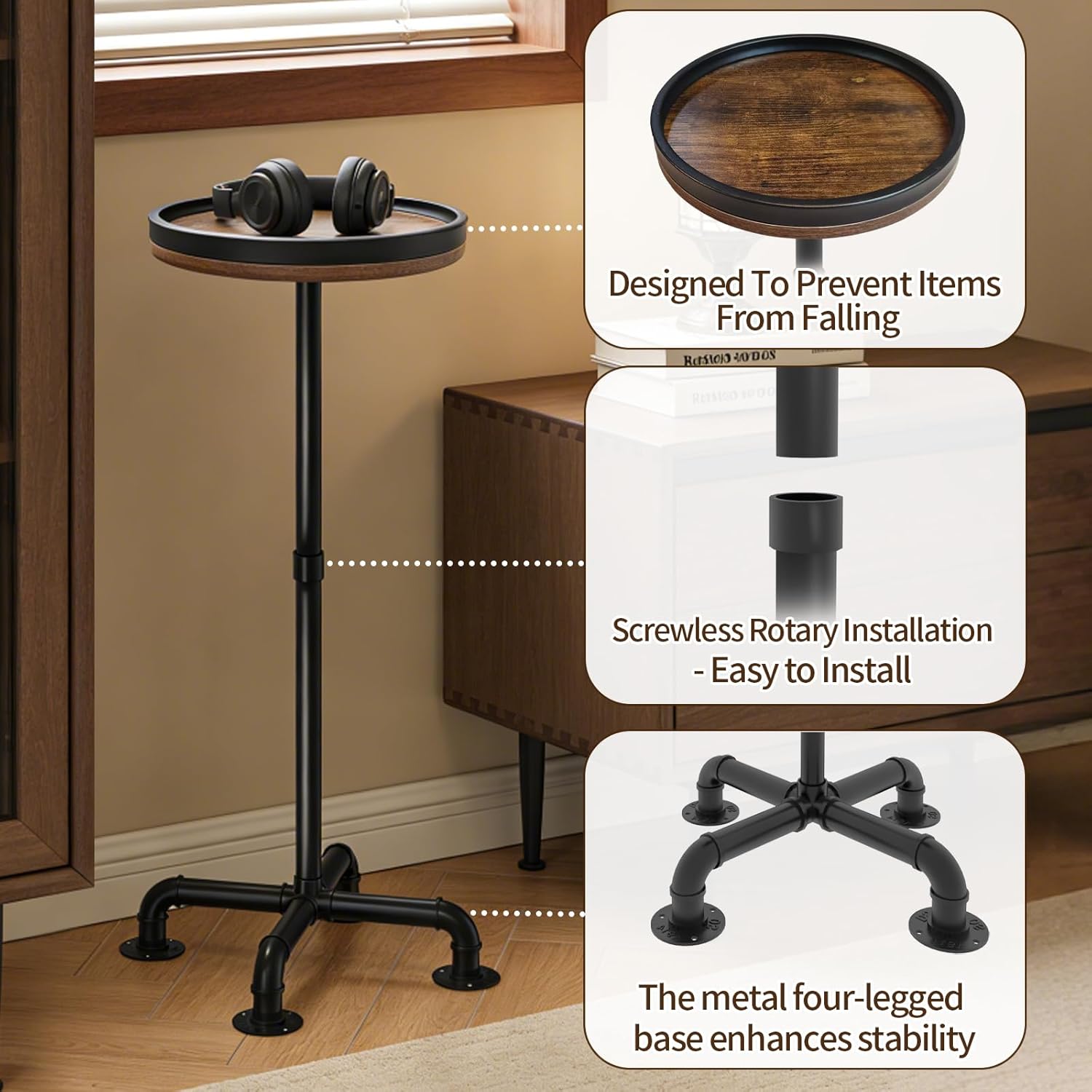 Small Round Side Table for Small Spaces, Pedestal Drink Table with Non-Slip Feet, Martini Table No-Tool Assembly for Living Room, Bedroom, Narrow Corners, Sofa, Bathroom
