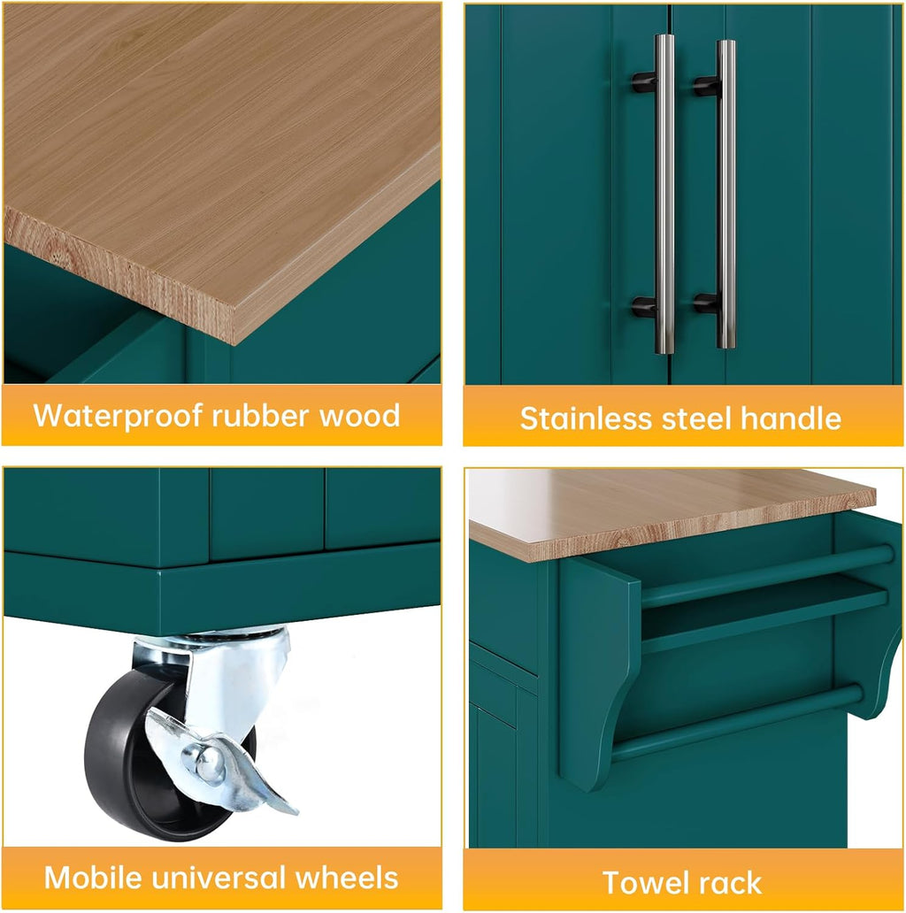 Kitchen Storage Island, Wooden Rolling Island On Wheels with Wood Top, Mobile Kitchen Island Cart with Towel Rack, Spice Rack and Drawers, Green