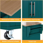 Kitchen Storage Island, Wooden Rolling Island On Wheels with Wood Top, Mobile Kitchen Island Cart with Towel Rack, Spice Rack and Drawers, Green