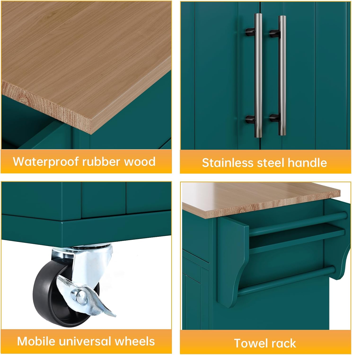 Kitchen Storage Island, Wooden Rolling Island On Wheels with Wood Top, Mobile Kitchen Island Cart with Towel Rack, Spice Rack and Drawers, Green