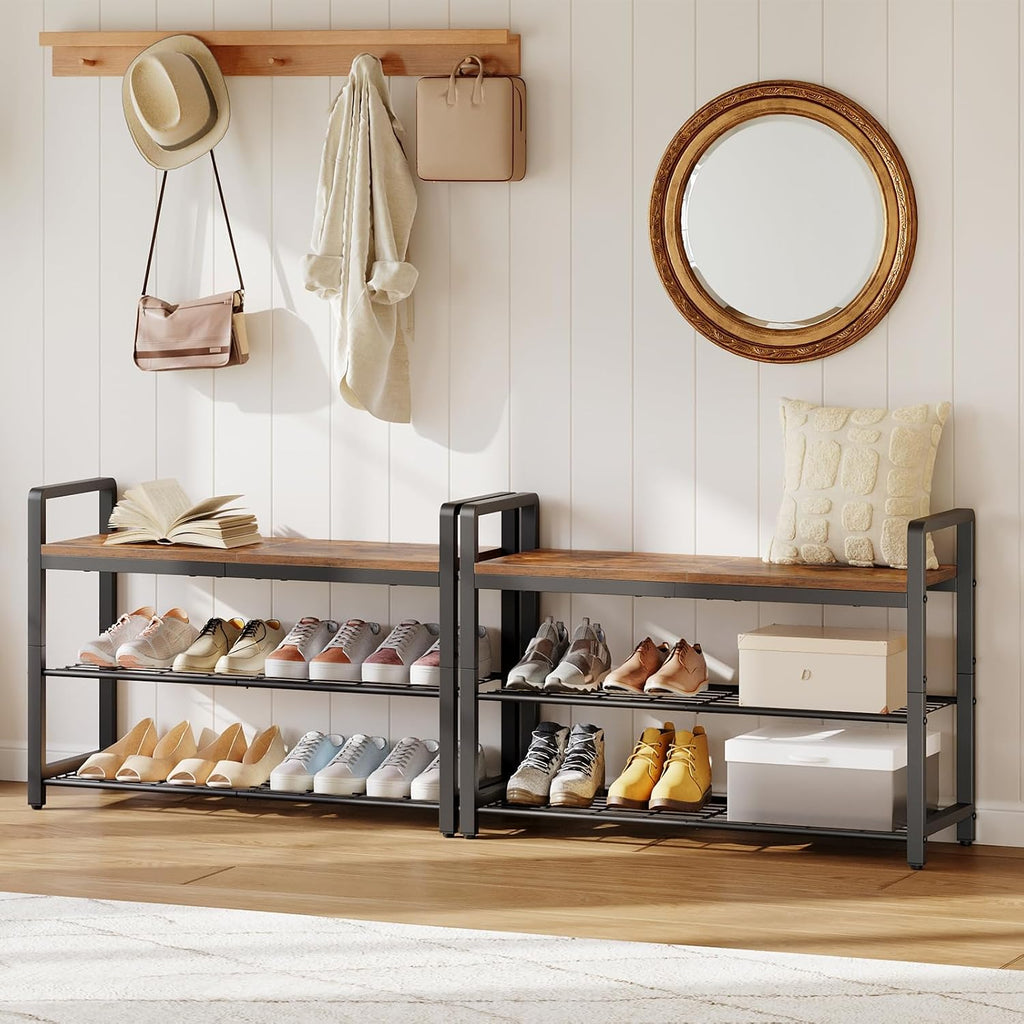 HOOBRO Shoe Rack Bench for Entryway, 3-Tier Industrial Shoe Storage Organizer with Wood Top and Side Handles, 29.5" Freestanding Storage Bench for Small Spaces, 220 lb Capacity, Rustic Brown BF32HX01