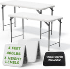 4 Foot Folding Table with Black Table Cloth- 3-Position Adjustable Height, Heavy Duty 400 lbs Capacity - Portable Folding Tables for Camping, Party, Indoor & Outdoor Use, 2 Pack