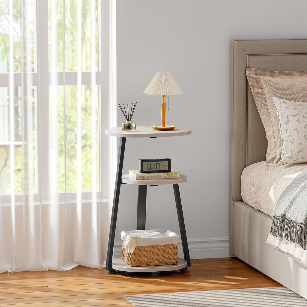 Kalrin Side Table, Small End Table with Metal Frame, 3-Tier Bedside Tables, Round Side Tables for Living Room Bedroom Couch Bathroom, Oval, White Maple