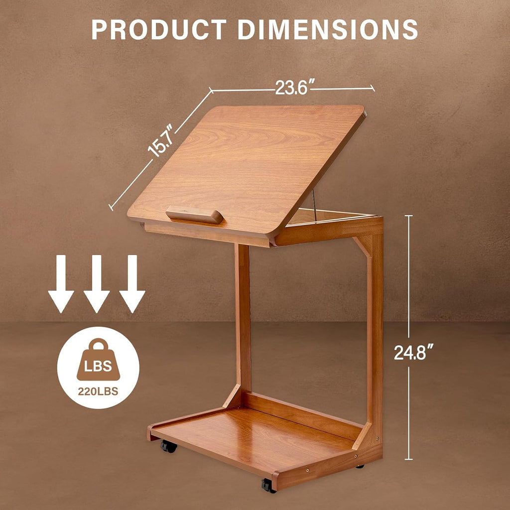 DUOMING Small Laptop Table with Wheels - Rolling Laptop Side Table Desk for Couch, Bedside Table Bedroom, Wooden TV Tray for Living Room, Teak