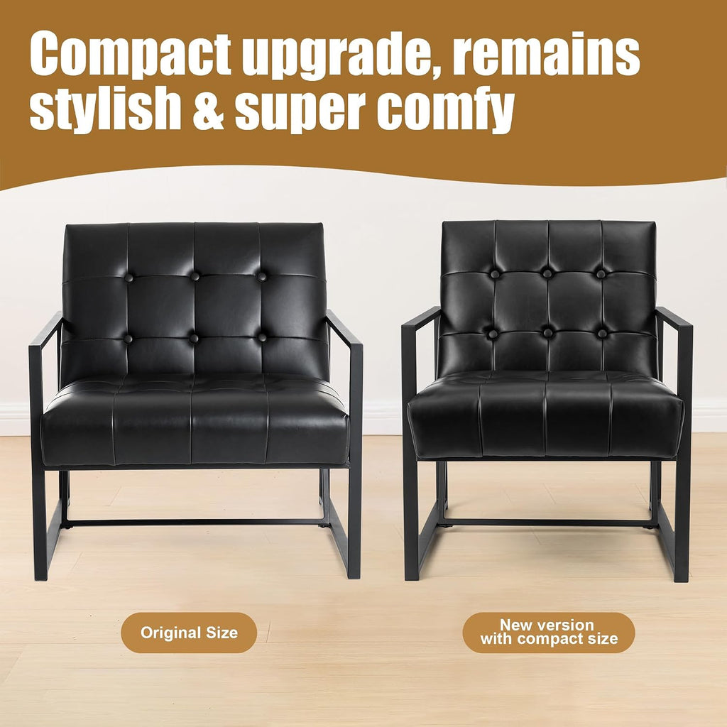 Glitzhome Mid Century Modern Accent Chair, Comfy Living Room Chair with Durable Metal Frame,PU Leather Cushioned, Reading Armchairs for Living Room, Bedroom, Home Office, Black