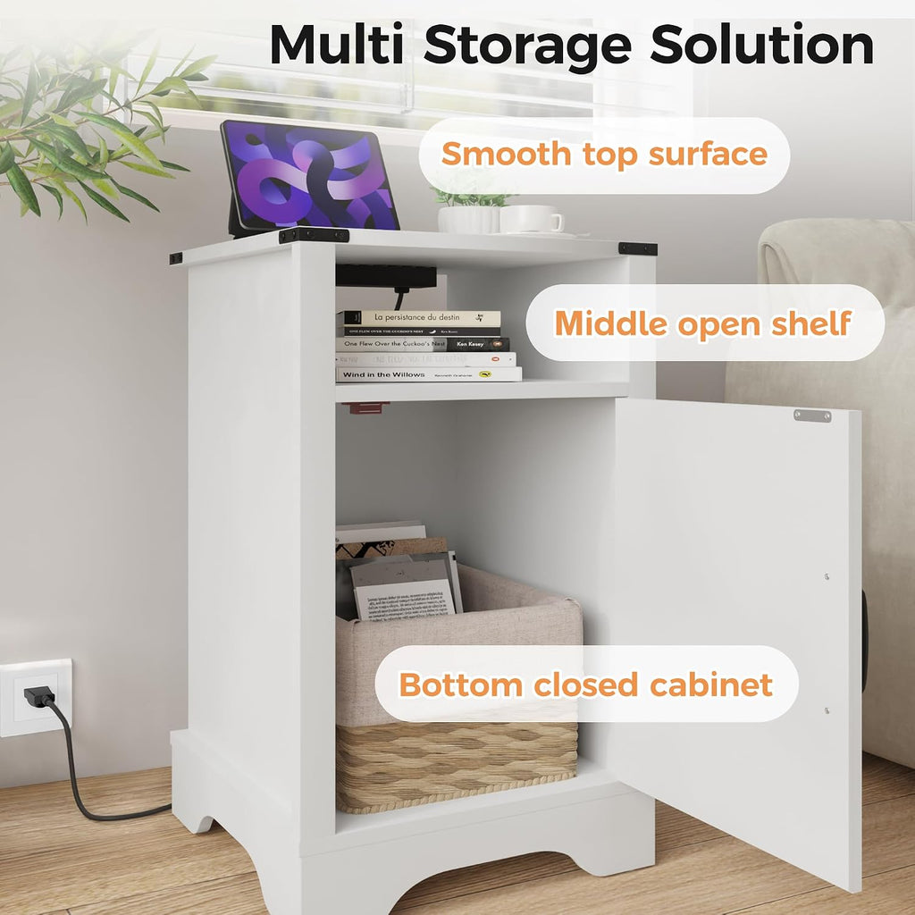 RoyalCraft Farmhouse Nightstand, White End Table for Bedroom | 25" Tall Bedside Table with Charging Station, Wooden Side Table with Large Storage and Shelf for Bedroom, Living Room