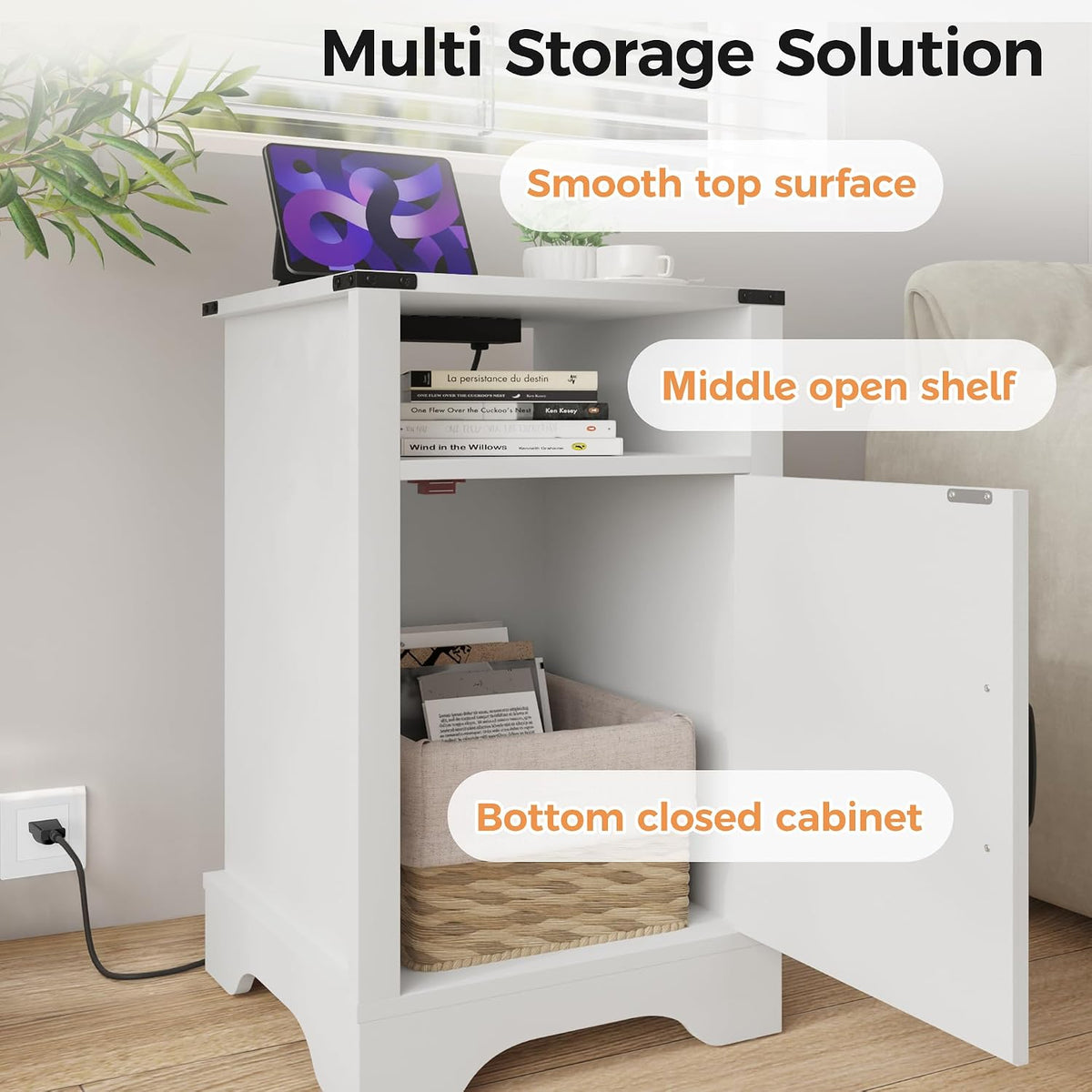 RoyalCraft Farmhouse Nightstand, White End Table for Bedroom | 25" Tall Bedside Table with Charging Station, Wooden Side Table with Large Storage and Shelf for Bedroom, Living Room