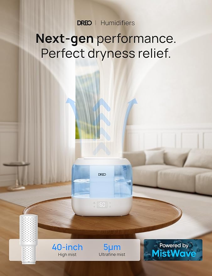 Dreo Humidifiers for Bedroom, Top Fill 4L Smart Cool Mist Humidifier with Oil Diffuser, Cartridge, Nightlight, 36H Runtime, Quiet Ultrasonic Humidifiers for Home, Baby Nursery, Plants, Office, HM311S