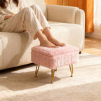 Small Foot Stool with Storage & Gold Metal Legs, Small Ottoman Foot Rest Under Desk for Couch, Chair, Pink Furry with High-Density Resilient Sponge