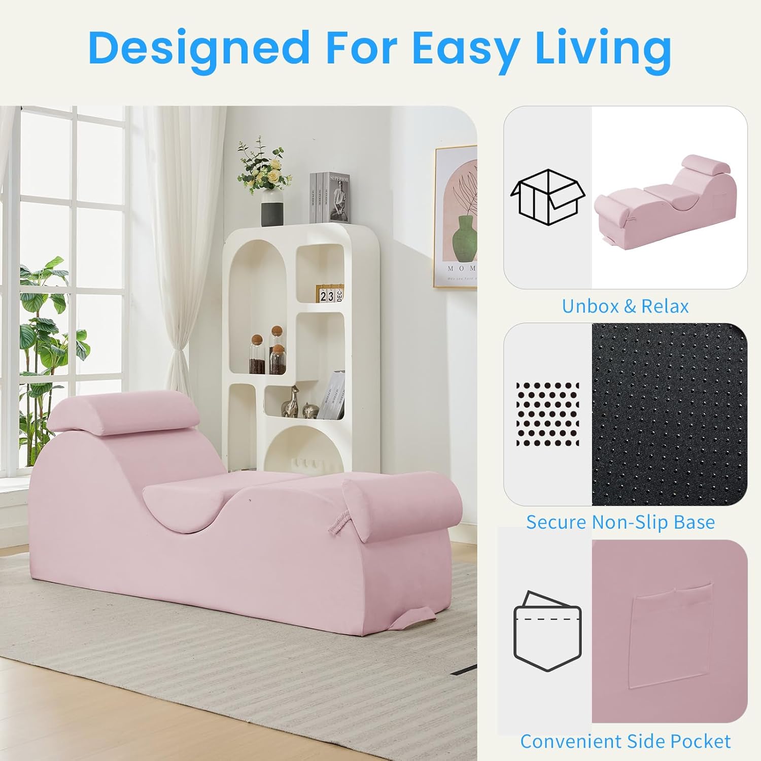 ijuicy 25 Inch Home Stretch Yoga Chair, Velvet Fitness Yoga Chaise Lounge Chair Indoor, Yoga Training Reliner with Adjustable Footrest & Headrest, Pink
