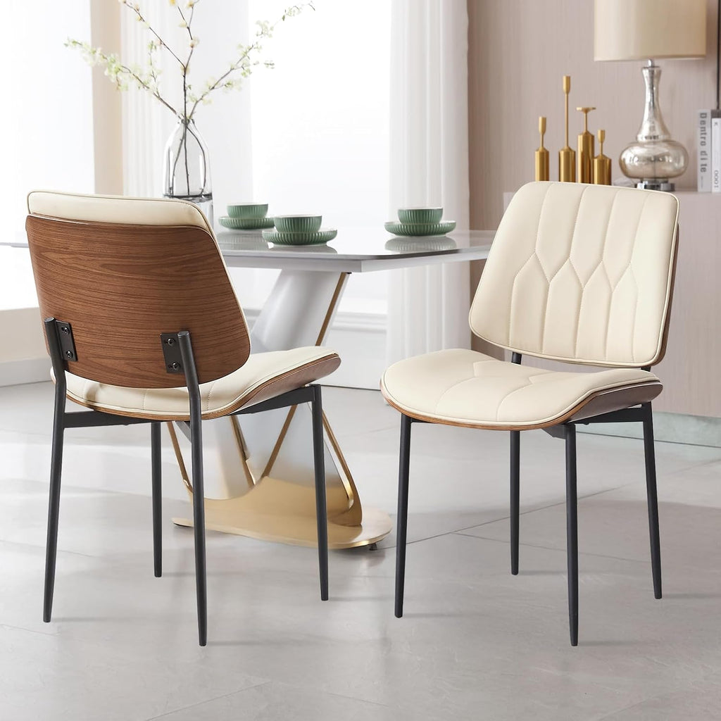 BV Mid Century Dining Chairs Set of 4, PU Leather Bentwood, Beige | Upholstered PU leather seat with walnut bentwood back, armless, retro mid-century style for kitchen, dining & living room