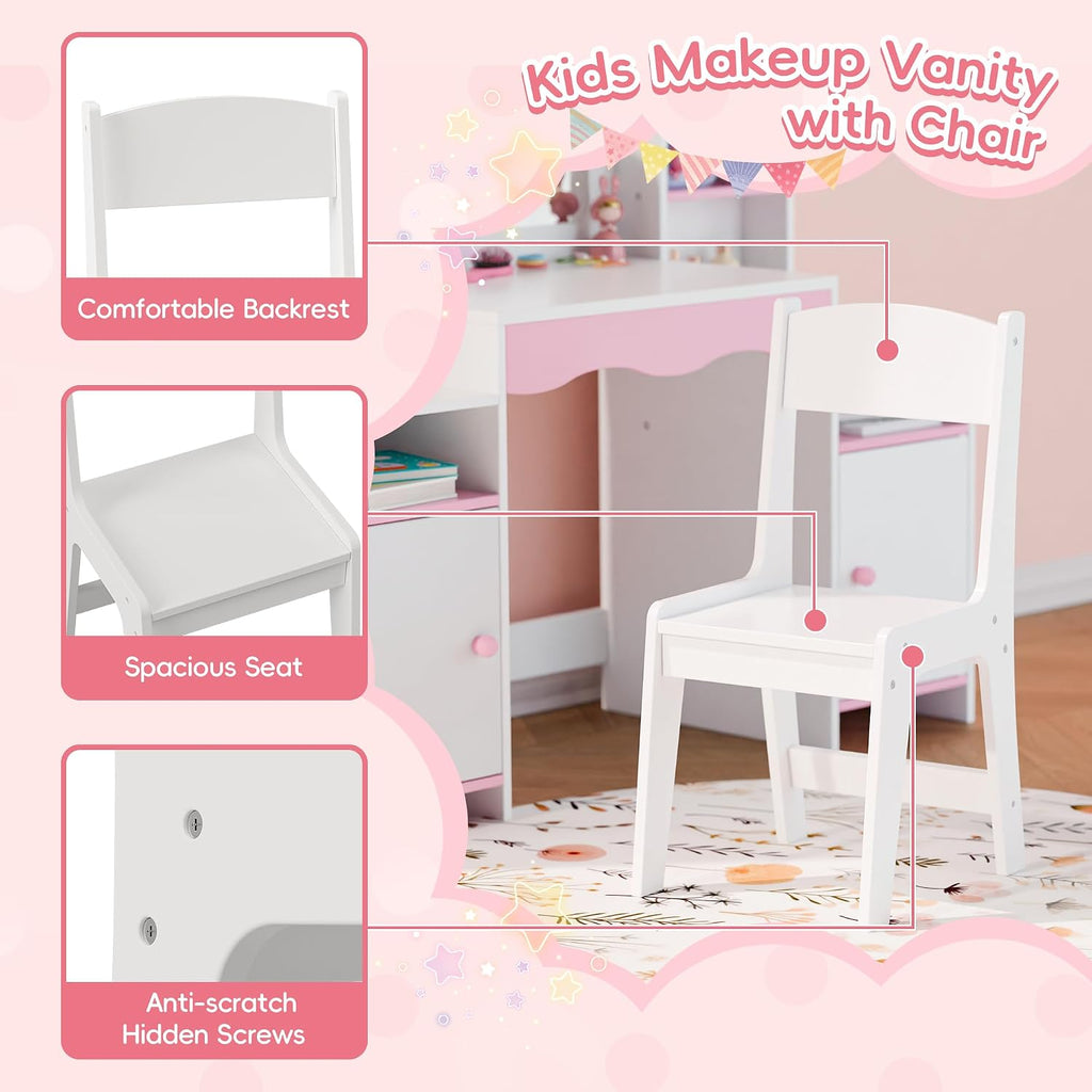 MU Kids Vanity, Girl Vanity Set with Mirror and Stool, 2 in 1 Toddler Makeup Vanity Table with Jewelry Storage, Wooden Princess Makeup Desk Dressing Table for Little Girls, (White)