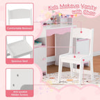 MU Kids Vanity, Girl Vanity Set with Mirror and Stool, 2 in 1 Toddler Makeup Vanity Table with Jewelry Storage, Wooden Princess Makeup Desk Dressing Table for Little Girls, (White)