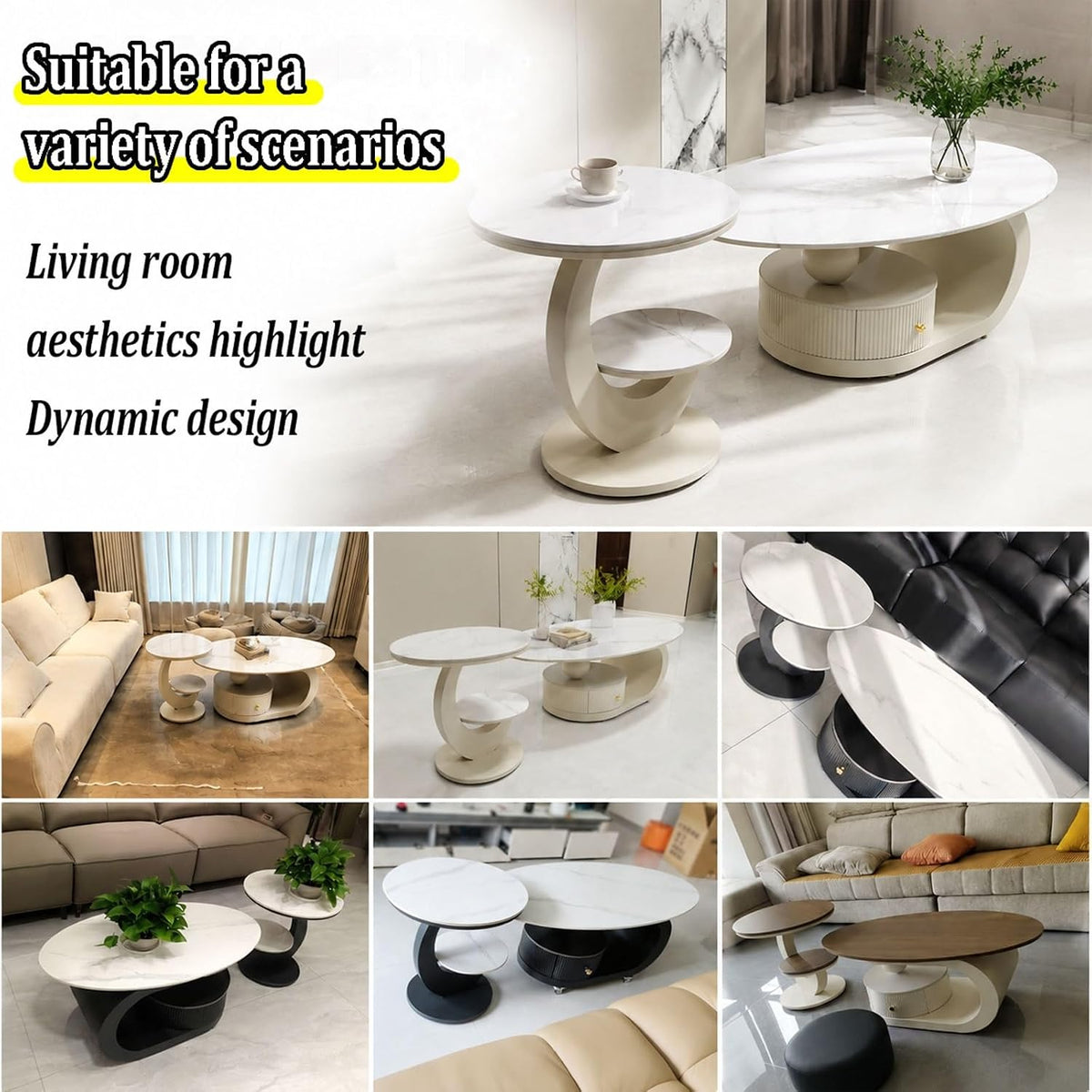 Modern Coffee Table Set, Oval Nesting Center Table with Drawer Storage | Stylish curved design, convenient access, stable structure, creates a tidy and comfortable home space(Marble-A,130CM/25.59IN)