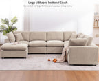 Oversized Modular Sectional Sofa, 7 Seater Cloud Couch with Ottoman | 130" Beige, Large U Shaped Convertible Corner Sofa In Chenille Fabric, Solid Wood Frame, for Spacious Living Room