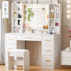 ANWBROAD 39.4" White Vanity Desk with Lighted Mirror & Adjustable Lights | Girls Makeup Vanity Set with Charging Station,Cushioned Stool, 7 Drawers,6 Shelves, Dressing Table for Bedroom Dressing Room