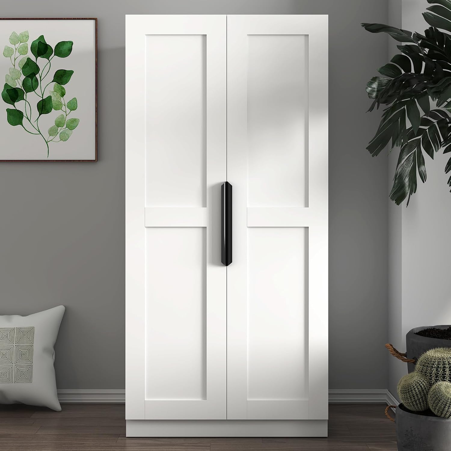 63” Tall Kitchen Pantry Cabinet, Pantry Storage Cabinet with Doors & Shelves, Freestanding Storage Cupboard for Dining Room Living Room, Wooden Structure, Easy Assembly (White)