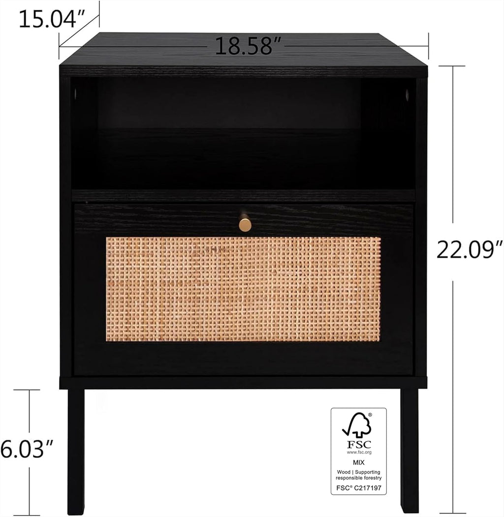 Angel Sar Rattan Night Stand Set 2, Boho Bedside Table Black Nightstand | Storage Cabinet, Open Storage Space & Sturdy Metal Legs, Accent Bed Side Table, Wood End Tables Bedroom