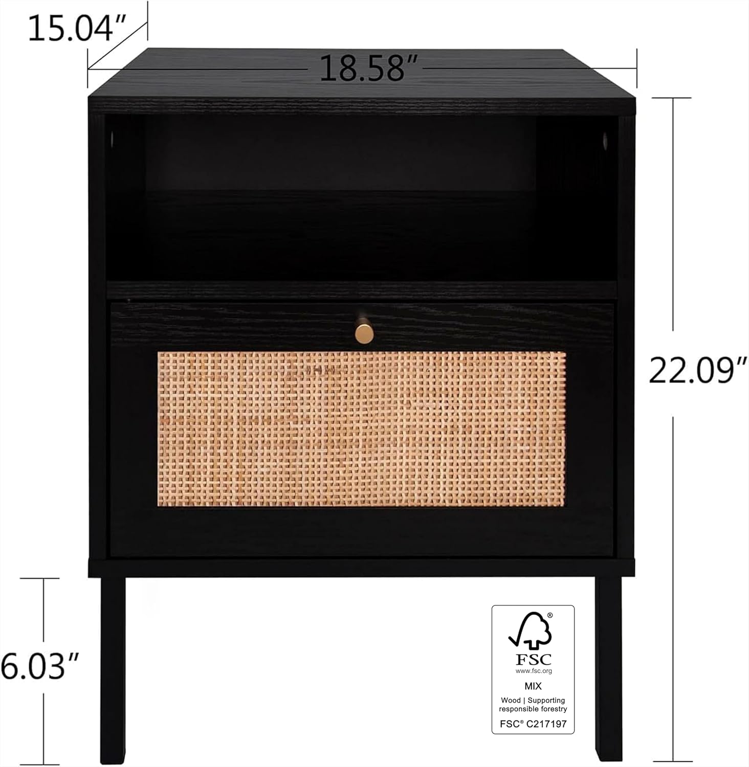 Angel Sar Rattan Night Stand Set 2, Boho Bedside Table Black Nightstand | Storage Cabinet, Open Storage Space & Sturdy Metal Legs, Accent Bed Side Table, Wood End Tables Bedroom