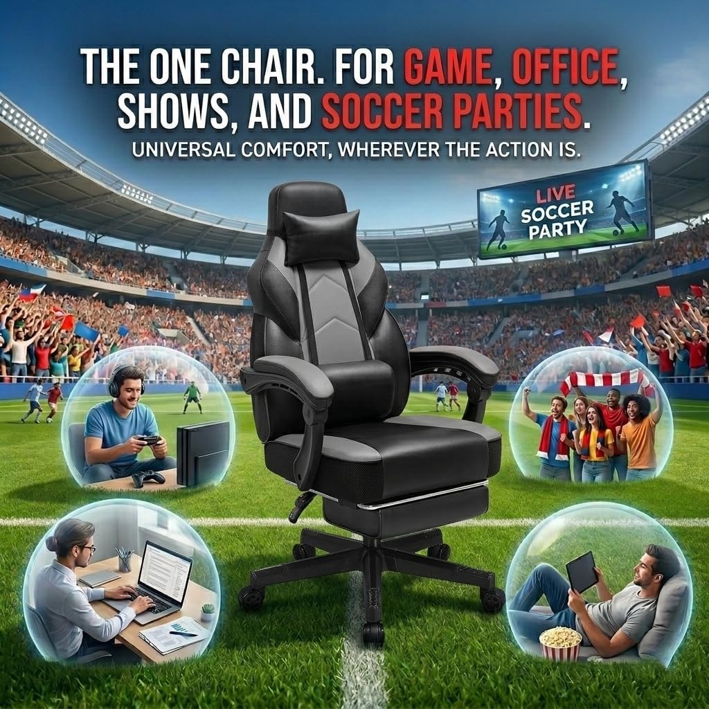 Gaming Chair for Adult, Computer Chair with Footrest Video Game Chair Big and Tall Gaming Chair with Massage Lumbar Support, Adjustable Height and 360° Swivel Seat(Grey)