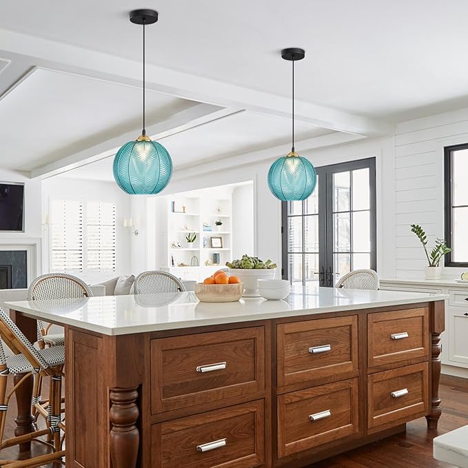 KCO Lighting Mid Century Modern Blue Glass Pendant Light Large Globe Kitchen Island Dining Pendant Lights Black Round Ceiling Hanging Lighting Fixture Adjustable Cord Farmhouse Foyer Chandelier