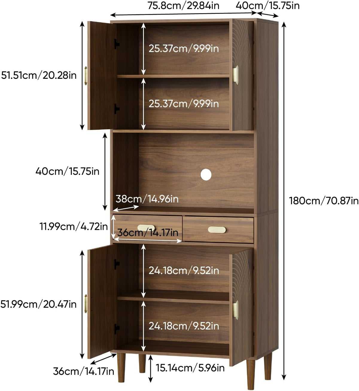 Smart FENDEE 70.87" Tall Kitchen Pantry Cabinet with Line Grooved Doors, Storage Cupboard with 2 Drawers, Adjustable Shelves & Gold Handles for Dining Room, Bathroom, Walnut