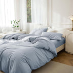 JIYUAN 100% Washed Cotton Duvet Cover Set 2 Pieces Twin, 1 Duvet Cover 68x90 Inches(Comforter Not Included) and 1 Pillowcases,Linen Feel Bedding Set Comfy and Breathable, Heathered Light Blue