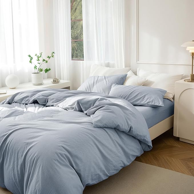 JIYUAN 100% Washed Cotton Duvet Cover Set 2 Pieces Twin, 1 Duvet Cover 68x90 Inches(Comforter Not Included) and 1 Pillowcases,Linen Feel Bedding Set Comfy and Breathable, Heathered Light Blue