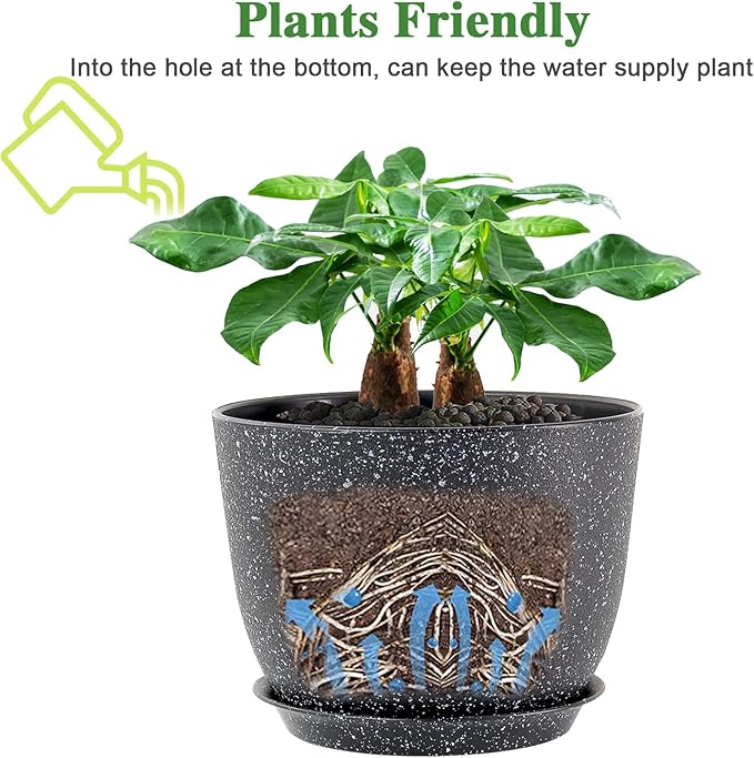 12inch Large Plant Pot, Modern Plastic Planter with High Driange Holes and Saucer for Indoor Outdoor Garden Plants and Flowers, Black Speckles