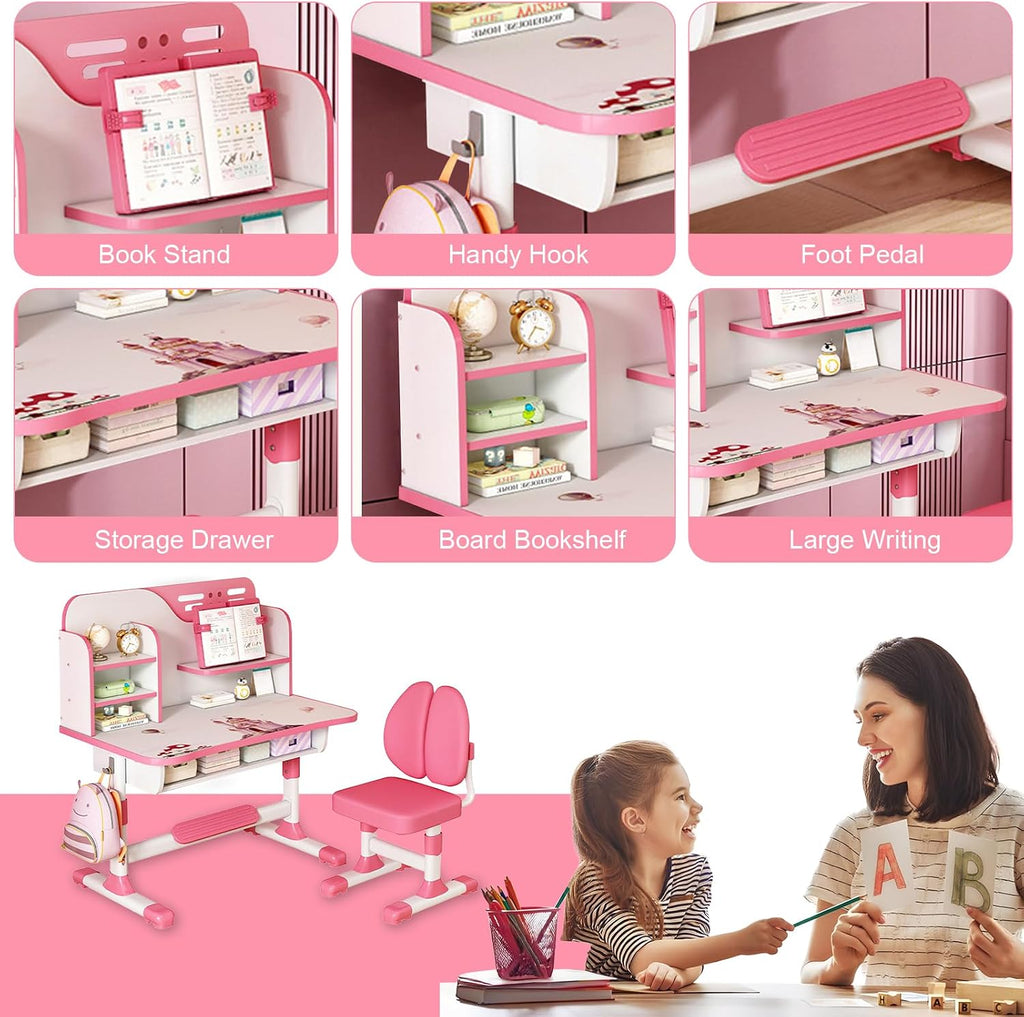 Kids Functional Desk and Chair Set, Height Adjustable Children School Study Table Chair Set with Astronaut Pattern, Ergonomic Desk Chair with Large Writing Board, Bookshelf and Drawer Pink